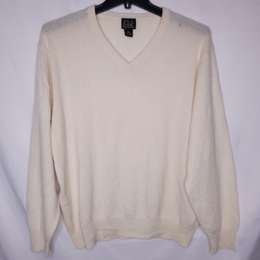 Jos A Bank Cashmere Sweater Mens Large Cream V Neck Pullover